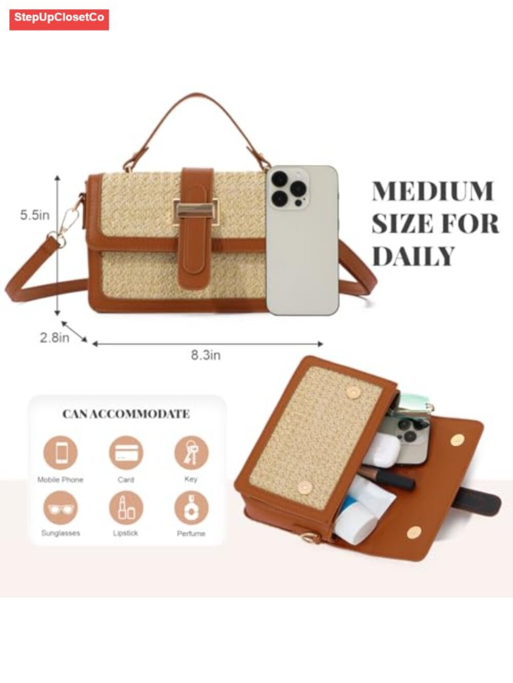 Woven Straw Crossbody Bag for Women Summer Beach Purse PU Leather Top Handle - Picture 4 of 6